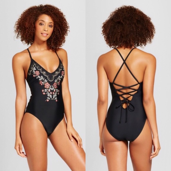 Xhilaration Other - Xhilaration Black Swimsuit Floral Embroidery Sz M